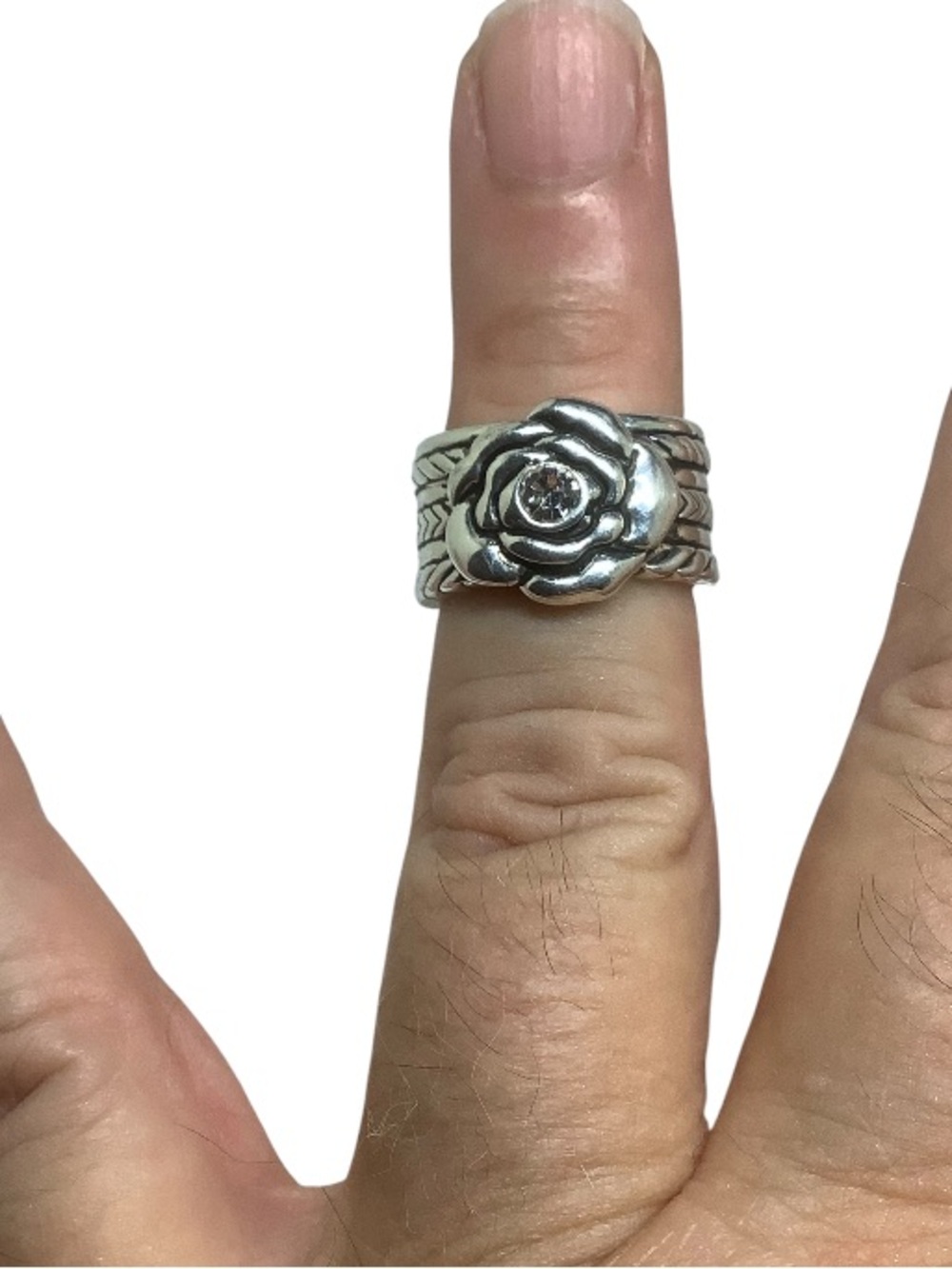 Silver tone Rose Flower Designer Ring with Clear Stone